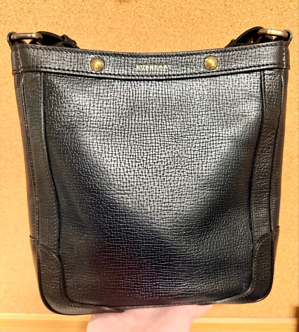 Vintage Burberry Black Grained Leather Crossbody Messenger Bag + COA